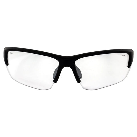 Front view of Hercules 7 Photochromic Safety Sunglasses with Auto Darkening Lenses ANSI Z87.1, featuring clear lenses in black frames.