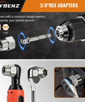 3/8 inch hex adapters for impact wrench, tap handle, and ratchet wrench; square and hex sizes visible