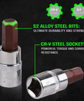 Close-up of All Purpose Hex Bit Socket Kit With SAE And Metric Sizes In One Quarter Inch, Three Eighths Inch, And One Half Inch Drives, Forged From S2 And CrV Steel For Automotive And Machinery Repair, Swanlake 32 Piece Set, showing S2 and CrV steel bits.