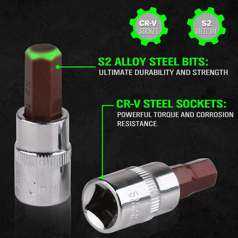Close-up of All Purpose Hex Bit Socket Kit With SAE And Metric Sizes In One Quarter Inch, Three Eighths Inch, And One Half Inch Drives, Forged From S2 And CrV Steel For Automotive And Machinery Repair, Swanlake 32 Piece Set, showing S2 and CrV steel bits.
