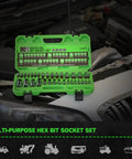 Green All Purpose Hex Bit Socket Kit With SAE And Metric Sizes In One Quarter Inch, Three Eighths Inch, And One Half Inch Drives