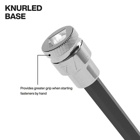 Close-up of knurled base on Long Hex Bit Socket Set for Tight Spaces, 16-Piece SAE and Metric, Includes 5 32 Inch to 1 2 Inch and 4 to 12 mm.