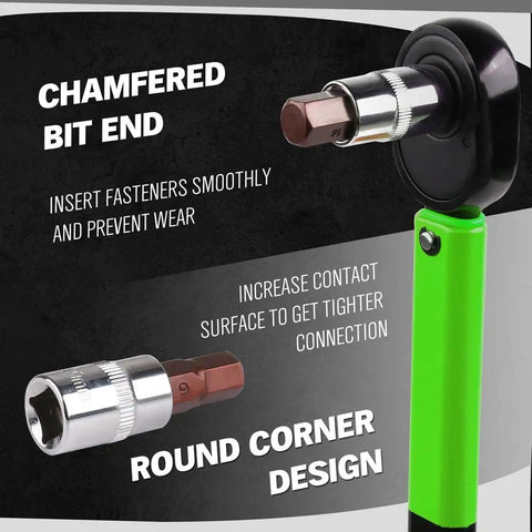 All Purpose Hex Bit Socket Kit With SAE And Metric Sizes In One Quarter Inch, Three Eighths Inch, And One Half Inch Drives, Forged From S2 And CrV Steel For Automotive And Machinery Repair, Swanlake 32 Piece Set showing a close-up of socket and ratchet with chamfered bit end.