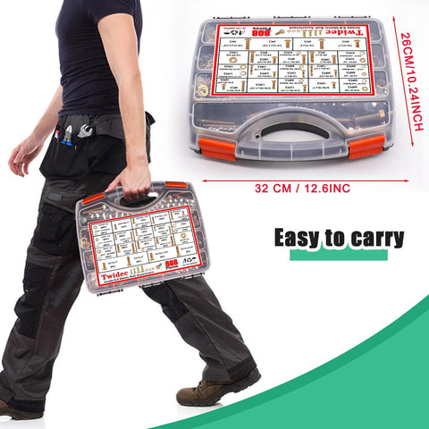 Person carrying Hex Head Nuts and Bolts Assortment Kit Grade 8.8 With Gold Zinc Plating and Washers SAE in a portable case