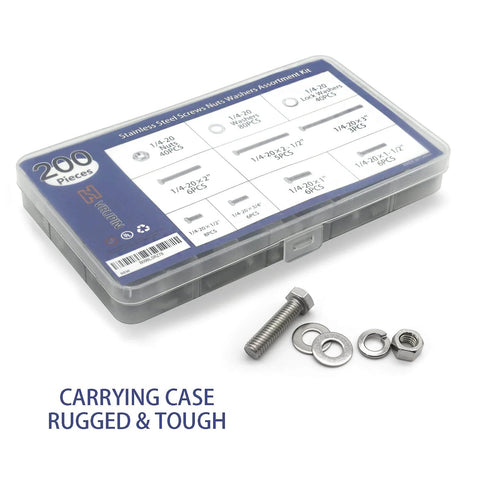 200Pcs Hex Bolts And Nuts Set Assortment Kit Carbon Steel Hardware Screws with carrying case and sample bolt, nuts, washers
