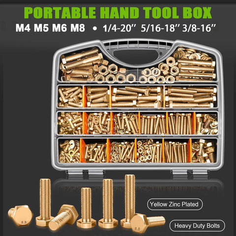 Metric And SAE Hex Bolts And Nuts Assortment Kit 680 Pieces Grade 8.8 with gold zinc plating in storage case
