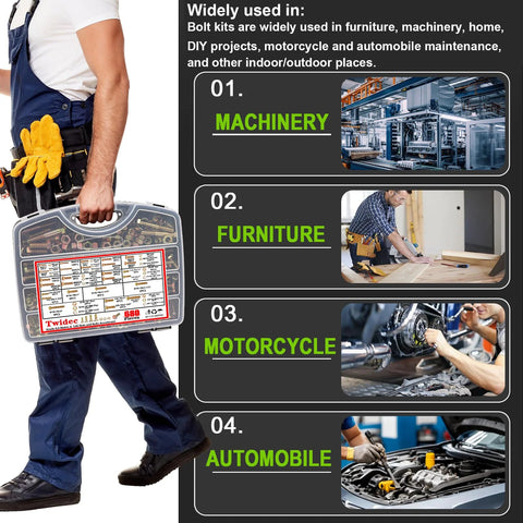Person holding Metric And SAE Hex Bolts And Nuts Assortment Kit 680 Pieces Grade 8.8 With Gold Zinc Plating for machinery and DIY use