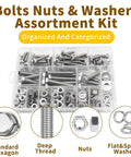 246Pcs Hex Bolts Fully Threaded Nuts Assortment Kit Stainless Steel 1 4 20 5 16 18 3 8 16 Flat And Lock Washers displayed in open case