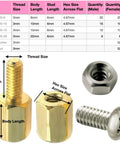 Hex Brass M3 Standoff And Spacer Kit With 208 Pieces Including 6mm 40Pcs 10mm 32Pcs shown with thread size chart, nut, and screw.