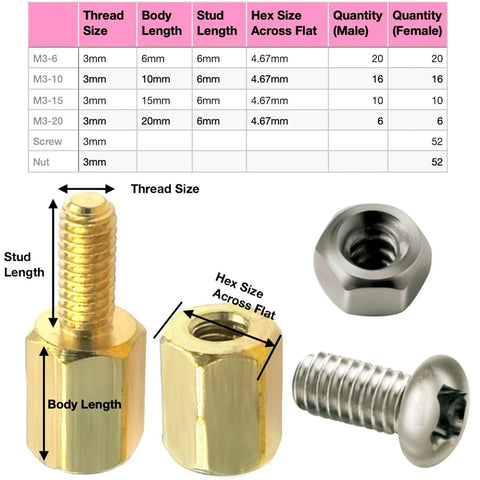 Hex Brass M3 Standoff And Spacer Kit With 208 Pieces Including 6mm 40Pcs 10mm 32Pcs shown with thread size chart, nut, and screw.
