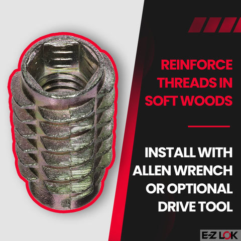 Go-To Knife Threaded Inserts For Soft Wood With Hex Drive Zinc Flush Finish 5/16-18 Internal Threads 0.984 Inch Length Pack Of 25 Built For Ready To Assemble Furniture Drawer Pulls Display Cases Crating image showing a zinc flush insert for soft woods.