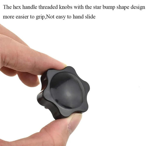 Hex Handle Threaded Knobs With Star Bump Grip For M8 16mm Posts, close-up of hand holding black clamping handgrip nut