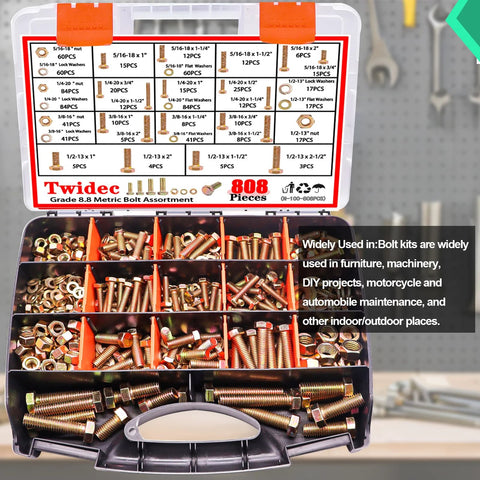 Hex Head Nuts and Bolts Assortment Kit Grade 8.8 With Gold Zinc Plating and Washers SAE Heavy Duty Fasteners Set