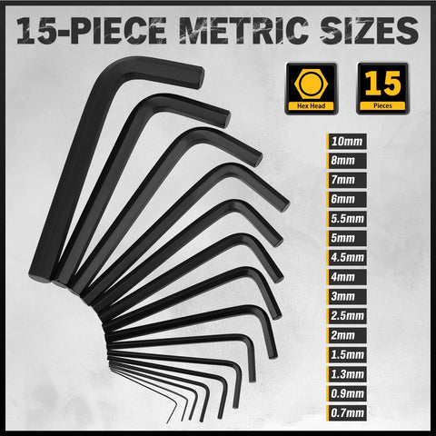 Fifteen-piece metric size view of Thirty One Piece Hex Key Set With Long And Short Allen Keys In Metric And SAE Sizes From 0.7 Millimeter To 10 Millimeter And 0.028 To Three Eighths Inch Heat Treated For Strength Featuring A Torque Handle High Leverage And Easy Organization.