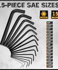 Image of a 15-piece SAE hex key set showing various sizes in inches. Part of the Thirty One Piece Hex Key Set With Long And Short Allen Keys In Metric And SAE Sizes From 0.7 Millimeter To 10 Millimeter And 0.028 To Three Eighths Inch Heat Treated For Strength Featuring A Torque Handle High Leverage And Easy Organization.