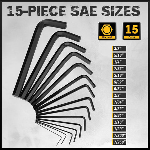 Image of a 15-piece SAE hex key set showing various sizes in inches. Part of the Thirty One Piece Hex Key Set With Long And Short Allen Keys In Metric And SAE Sizes From 0.7 Millimeter To 10 Millimeter And 0.028 To Three Eighths Inch Heat Treated For Strength Featuring A Torque Handle High Leverage And Easy Organization.