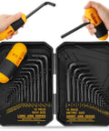 Thirty One Piece Hex Key Set With Long And Short Allen Keys In Metric And SAE Sizes From 0.7 Millimeter To 10 Millimeter And 0.028 To Three Eighths Inch Heat Treated For Strength Featuring A Torque Handle High Leverage And Easy Organization in black case with yellow and black torque handle.