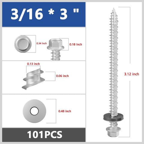 Hex Self Tapping Metal Roofing Screws With EPDM Washer Gray Galvanized Steel Size Number Ten By Three Inches 101 Piece Pack