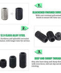 Features of 450-Piece Hex Set Screw Assortment Kit - Steel - Internal Hex Drive, highlighting blackened finish and 12.9 alloy steel