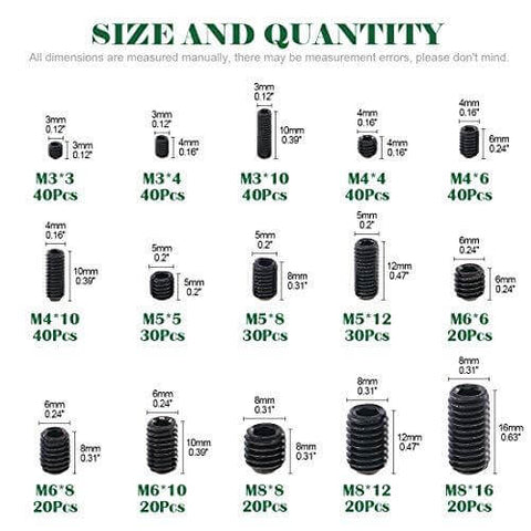 Diagram of 450-Piece Hex Set Screw Assortment Kit - Steel - Internal Hex Drive showing sizes and quantities of screws.