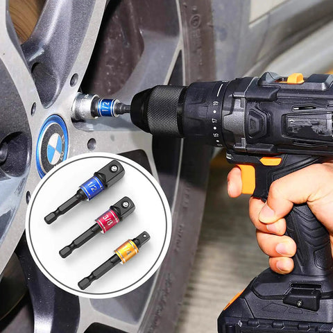 Impact Grade Power Hand Tools Driver Socket Adapter Extension Set With 3 Pcs 1/4 3/8 1/2 Inch Hex Shank Drill in use on car wheel