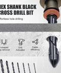 Hex shank black cross drill bit with text highlighting drill efficiency, u-shaped chip removal, and effortless hole drilling