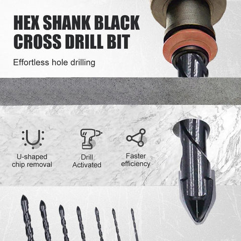 Hex shank black cross drill bit with text highlighting drill efficiency, u-shaped chip removal, and effortless hole drilling
