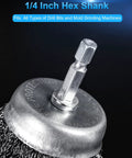 Close-up of a cup brush with 1/4-inch hex shank from Six Pack Carbon Steel Wire Wheel And Pen Brush Set For Rust Removal And Surface Scrubbing