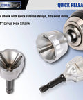 External Chamfer Deburring Tool With YG8 Carbide Blade And Quick Release Hex Shank attached to a drill displaying hex shank design