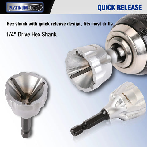 External Chamfer Deburring Tool With YG8 Carbide Blade And Quick Release Hex Shank attached to a drill displaying hex shank design