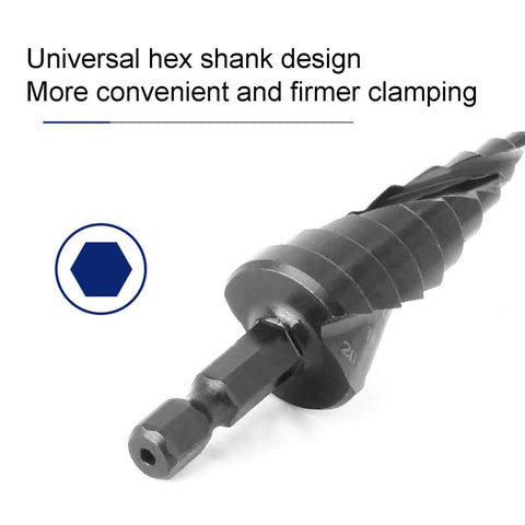 Heavy Duty HSS Step Drill Bit and Hole Reamer With Pagoda Style Spiral Groove for Metal, hex shank visible