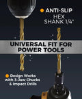 Close-up of 1/4-inch hex shank drill bit from Sixteen Piece Titanium Coated HSS Drill Bit Set With Hex Shank For Wood Plastic Aluminum Sixteenth To Quarter Inch.