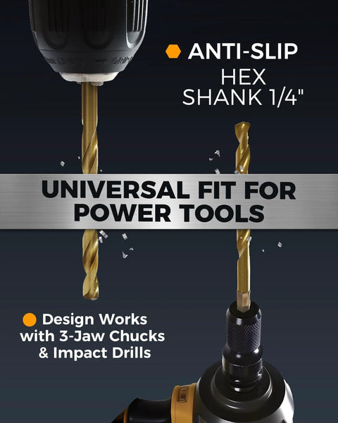 Close-up of 1/4-inch hex shank drill bit from Sixteen Piece Titanium Coated HSS Drill Bit Set With Hex Shank For Wood Plastic Aluminum Sixteenth To Quarter Inch.