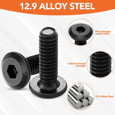 Close-up of 12.9 alloy steel screws with flat hexagon socket head for 32 Pcs Wood Threaded Inserts For Furniture Screws 1/4-20 X 25/32 In Hex Socket Drive And 1/4-20 X 19/32 In Screw In Nuts.