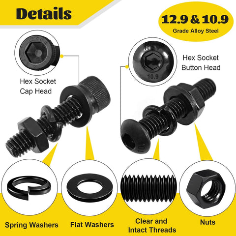 Fgruh 2300PCS M3 Screws with Nuts Assortment Kit showing hex socket cap and button head bolts with washers, black zinc plated.