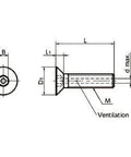 Technical diagram of SVFCS-M4-10-NBK Hex Socket Countersunk Head Vacuum Vented Screws for automation systems.