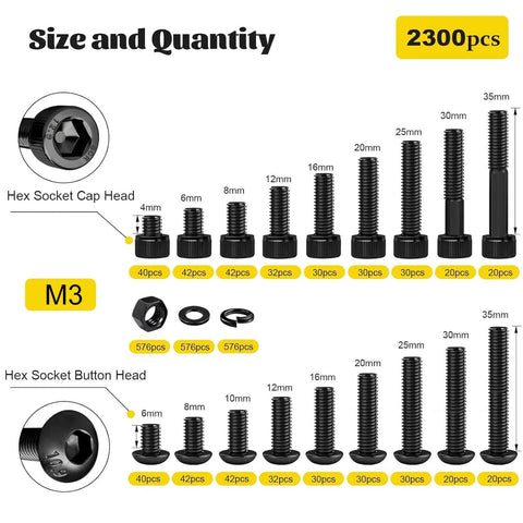Fgruh 2300PCS M3 Screws with Nuts Assortment Kit, Hex Socket Cap and Button Head Bolts, 12.9 & 10.9 Grade, Black Zinc Plated