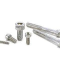 Various sizes of SNSX-M8-20-88 NBK Hex Socket Head Cap Vacuum Vented Screws - High Intensity S.S. - Made in Japan displayed on a white background.