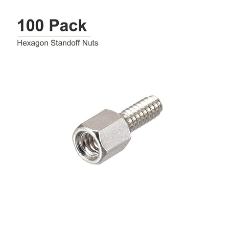 Brass Hex Standoff Spacer 4-40 Male To Female, 6x6mm Size And 6mm Thread Length, 100 Pack, silver hardware visible