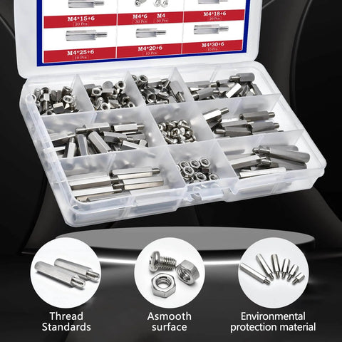 210 Piece M4 Hex Standoff Spacers Set Carbon Steel Male Female Metric Thread For PCB Prototyping Kit in open plastic case