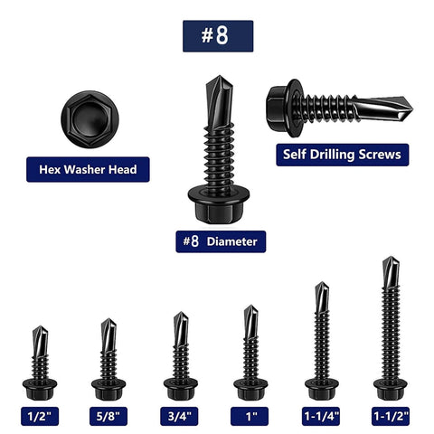 100pcs 410 Stainless Steel #8x1 Hex Washer Head Self Drilling Screws, Black Oxide Self Tapping Tek Screws with size variations