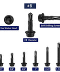 100pcs 410 Stainless Steel #8x1/2 Hex Washer Head Self Drilling Screws, Black Oxide Self Tapping Tek Screws for Metal Plates, Size Chart