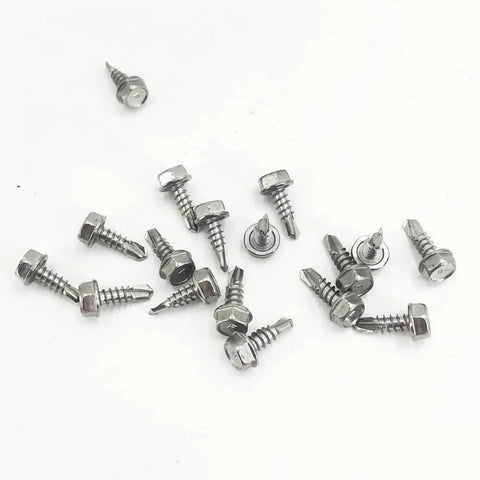 Metal pile of 120PCS #8 x 1/2 Inch Sheet Metal Screws 410 Stainless Steel Hex Washer Head Fast Self Tapping Screws Silver with Driver Bit