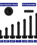 Assorted sizes of #14 x 1 Inch Hex Washer Head Self Tapping Screws Made from 410 Stainless Steel with Black Finish Self Drilling TEK Design