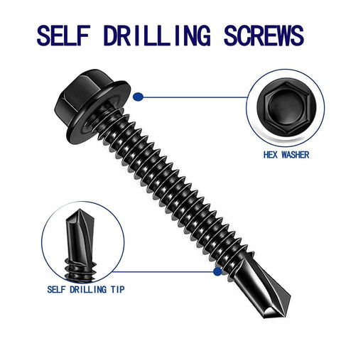 100pcs #10 x 3/4 Inch Hex Washer Head Self Drilling Screws Made from 410 Stainless Steel with Black Oxide Finish, close-up view