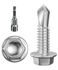 Close-up of 300pcs #8 x 3/4 Inch Hex Washer Head Self Drilling Screws 410 Stainless Steel TEK Sheet Metal Self Tapping Screws for Metal Wood and Plastic