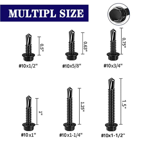 100pcs #10 x 3/4 Inch Hex Washer Head Self Drilling Screws Made from 410 Stainless Steel with Black Oxide Finish, various sizes shown