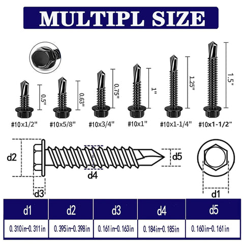 100pcs #10 x 3/4 Inch Hex Washer Head Self Drilling Screws Made from 410 Stainless Steel with Black Oxide Finish in multiple sizes