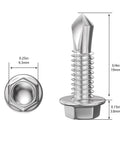 Close-up of a #8 x 3/4 Inch stainless steel self drilling screw with hex washer head and measurement details.
