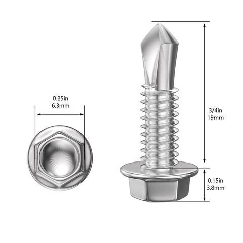 Close-up of a #8 x 3/4 Inch stainless steel self drilling screw with hex washer head and measurement details.